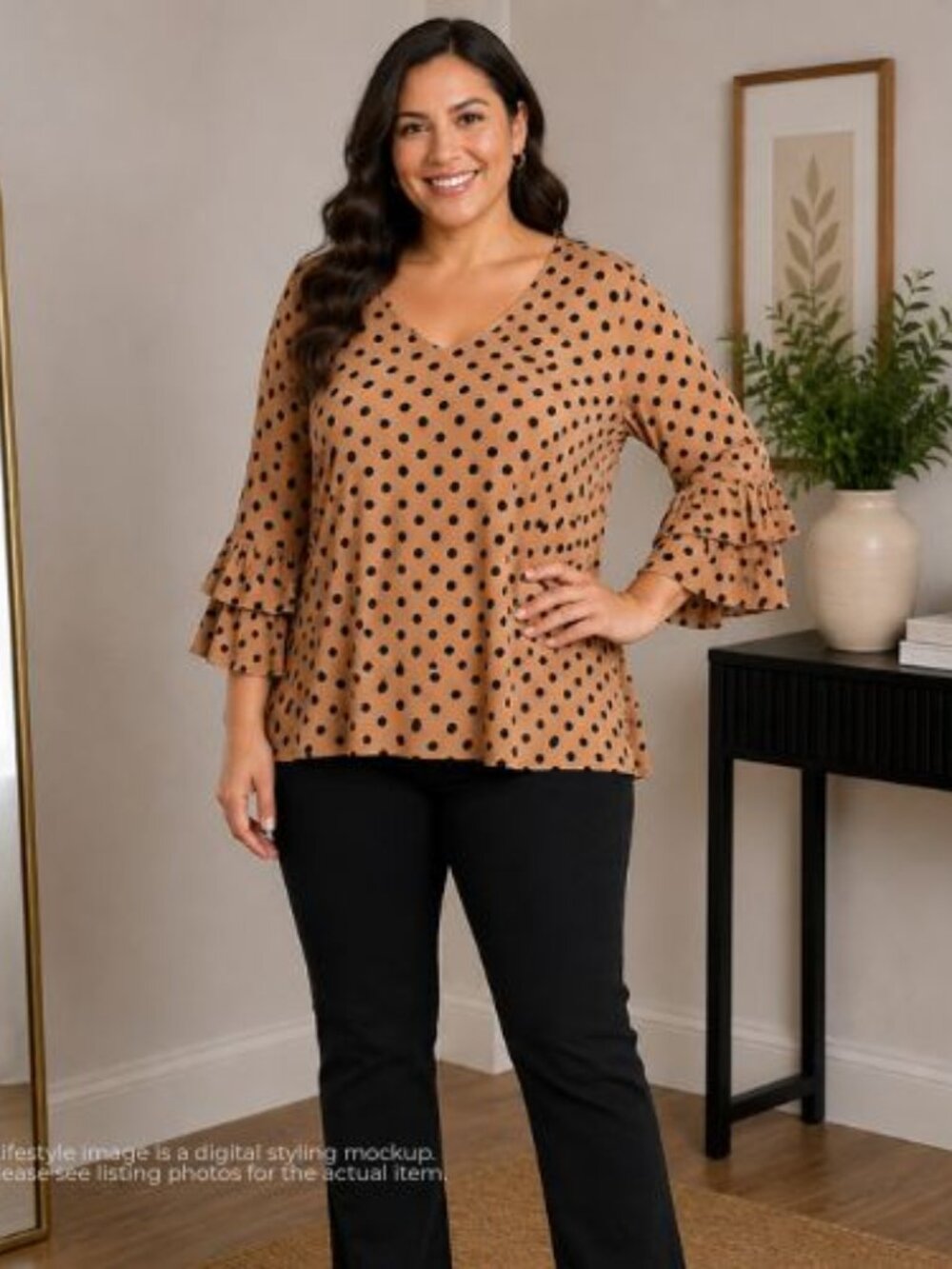 Zanzea Collection 5XL Polka Dot Ruffle Sleeve Blouse NWT Camel Black